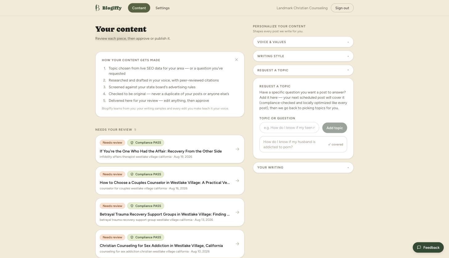 Therapy Blogs content queue listing drafted posts awaiting review, each with a compliance badge