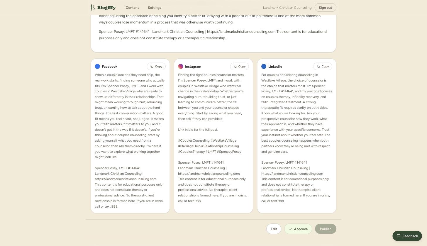 Three social posts drafted from the blog post, for Facebook, Instagram, and LinkedIn, each with a copy button and license disclosure